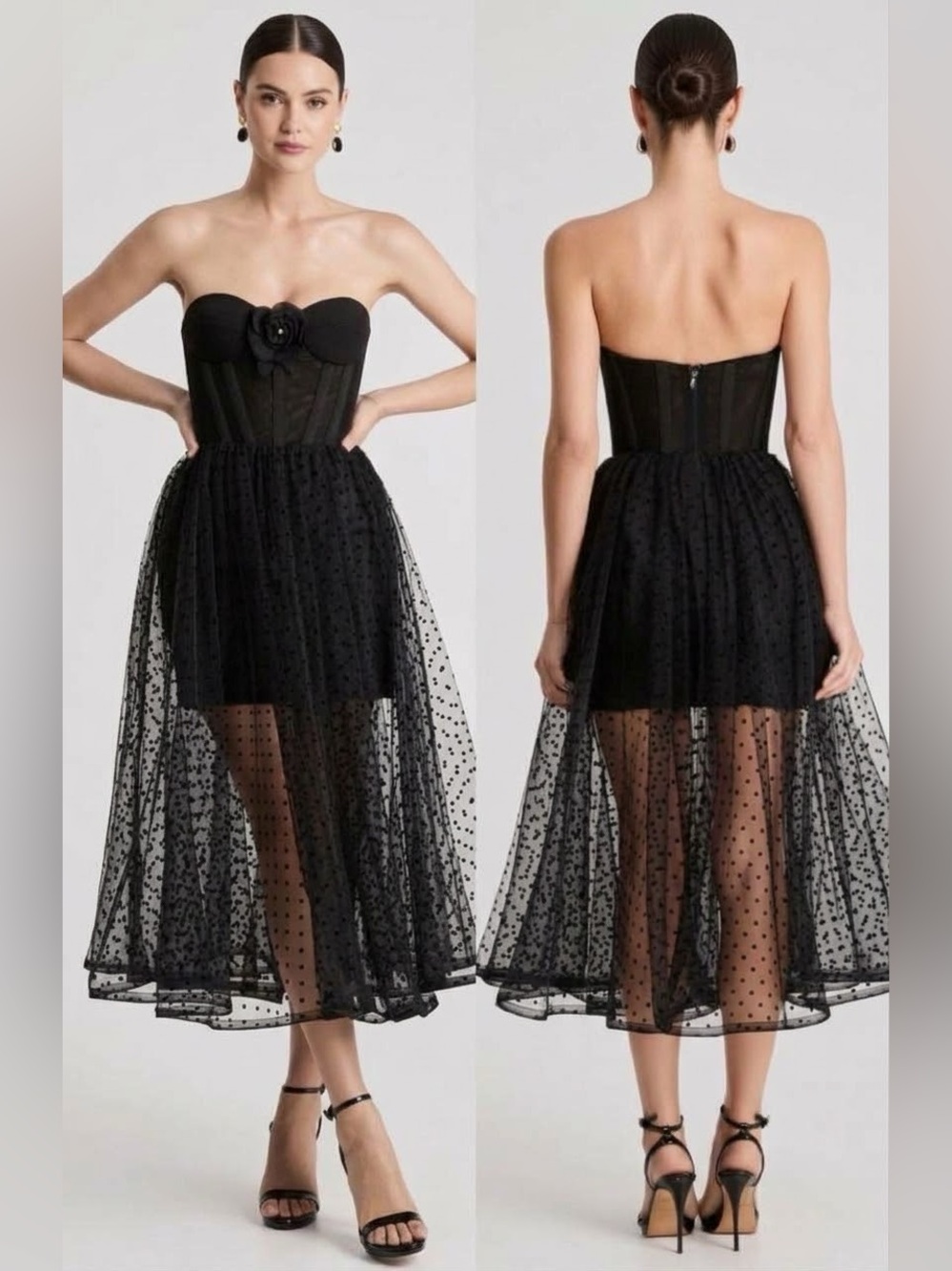 NEW HELSI Valen Flocked Strapless Party Dress Polka Dot Black Midi Dress Sz S